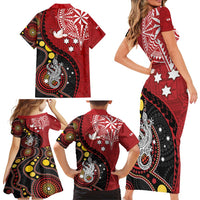 Tonga Ngatu And Australia Aboriginal Family Matching Short Sleeve Bodycon Dress and Hawaiian Shirt Tongan Dove And Kangaroo Together LT05 - Polynesian Pride