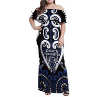 Custom Aotearoa Ngati Tuwharetoa Family Matching Off Shoulder Maxi Dress and Hawaiian Shirt Maori Tribal Pattern LT05 Mom's Dress Navy - Polynesian Pride