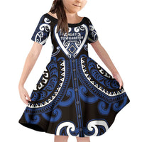 Custom Aotearoa Ngati Tuwharetoa Family Matching Off Shoulder Short Dress and Hawaiian Shirt Maori Tribal Pattern LT05 Daughter's Dress Navy - Polynesian Pride