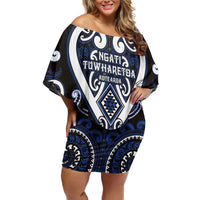 Custom Aotearoa Ngati Tuwharetoa Family Matching Off Shoulder Short Dress and Hawaiian Shirt Maori Tribal Pattern LT05 Mom's Dress Navy - Polynesian Pride