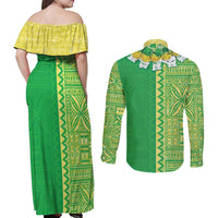 Fiji Lovoni Couples Matching Off Shoulder Maxi Dress and Long Sleeve Button Shirt Fijian Tapa Salusalu Green Glitter