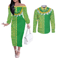 Fiji Lovoni Couples Matching Off The Shoulder Long Sleeve Dress and Long Sleeve Button Shirt Fijian Tapa Salusalu Green Glitter