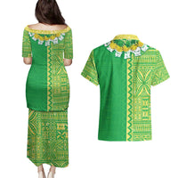 Fiji Lovoni Couples Matching Puletasi and Hawaiian Shirt Fijian Tapa Salusalu Green Glitter