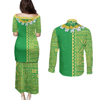 Fiji Lovoni Couples Matching Puletasi and Long Sleeve Button Shirt Fijian Tapa Salusalu Green Glitter