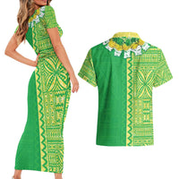 Fiji Lovoni Couples Matching Short Sleeve Bodycon Dress and Hawaiian Shirt Fijian Tapa Salusalu Green Glitter