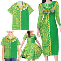 Fiji Lovoni Family Matching Long Sleeve Bodycon Dress and Hawaiian Shirt Fijian Tapa Salusalu Green Glitter