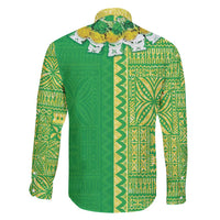 Fiji Lovoni Family Matching Long Sleeve Bodycon Dress and Hawaiian Shirt Fijian Tapa Salusalu Green Glitter