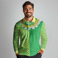 Fiji Lovoni Long Sleeve Polo Shirt Fijian Tapa Salusalu Green Glitter