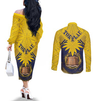 Tokelau Tokehega Day Couples Matching Off The Shoulder Long Sleeve Dress and Long Sleeve Button Shirt National Badge Special Style - Polynesian Pride