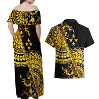 Kosrae Liberation Day Couples Matching Off Shoulder Maxi Dress and Hawaiian Shirt Polynesian Floral Tattoo - Polynesian Pride
