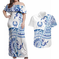 Pohnpei Liberation Day Couples Matching Off Shoulder Maxi Dress and Hawaiian Shirt Polynesian Floral Tattoo - Polynesian Pride