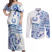Pohnpei Liberation Day Couples Matching Off Shoulder Maxi Dress and Long Sleeve Button Shirt Polynesian Floral Tattoo - Polynesian Pride