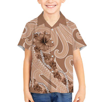 Hawaii Brown Hibiscus Pikake Lei Family Matching Off Shoulder Short Dress and Hawaiian Shirt LT05 Son's Shirt Brown - Polynesian Pride