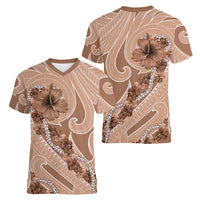 Hawaii Brown Hibiscus Pikake Lei Women V-Neck T-Shirt - Polynesian Pride