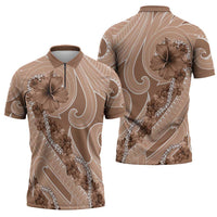 Hawaii Brown Hibiscus Pikake Lei Zipper Polo Shirt - Polynesian Pride