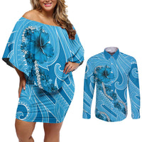 Hawaii Blue Hibiscus Pikake Lei Couples Matching Off Shoulder Short Dress and Long Sleeve Button Shirt - Polynesian Pride