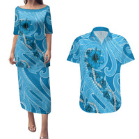 Hawaii Blue Hibiscus Pikake Lei Couples Matching Puletasi and Hawaiian Shirt - Polynesian Pride