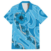 Hawaii Blue Hibiscus Pikake Lei Family Matching Short Sleeve Bodycon Dress and Hawaiian Shirt - Polynesian Pride