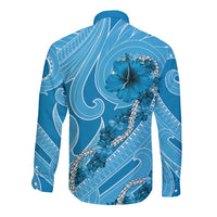 Hawaii Blue Hibiscus Pikake Lei Long Sleeve Button Shirt - Polynesian Pride