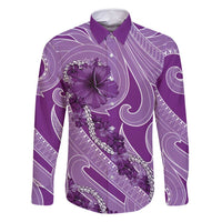 Hawaii Violet Hibiscus Pikake Lei Family Matching Long Sleeve Bodycon Dress and Hawaiian Shirt LT05 Dad's Shirt - Long Sleeve Violet - Polynesian Pride