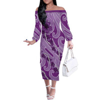 Hawaii Violet Hibiscus Pikake Lei Family Matching Off The Shoulder Long Sleeve Dress and Hawaiian Shirt LT05 Mom's Dress Violet - Polynesian Pride