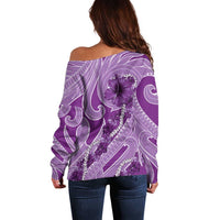 Hawaii Violet Hibiscus Pikake Lei Off Shoulder Sweater - Polynesian Pride