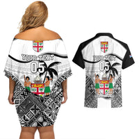 Custom Fiji Rugby Couples Matching Off Shoulder Short Dress and Hawaiian Shirt World Cup 2023 Fijian Tapa Pattern Black Version LT05 - Polynesian Pride