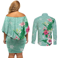 Hawaii Tropical Flowers Couples Matching Off Shoulder Short Dress and Long Sleeve Button Shirt Polynesian Tattoo Mint Green