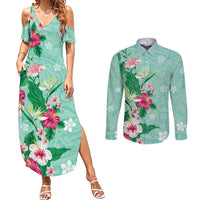 Hawaii Tropical Flowers Couples Matching Summer Maxi Dress and Long Sleeve Button Shirt Polynesian Tattoo Mint Green