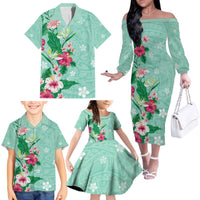 Hawaii Tropical Flowers Family Matching Off The Shoulder Long Sleeve Dress and Hawaiian Shirt Polynesian Tattoo Mint Green