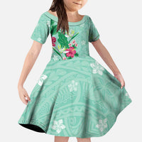 Hawaii Tropical Flowers Family Matching Puletasi and Hawaiian Shirt Polynesian Tattoo Mint Green LT05 Daughter's Dress Green - Polynesian Pride