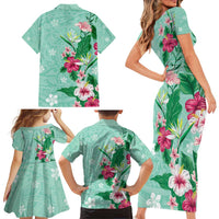 Hawaii Tropical Flowers Family Matching Short Sleeve Bodycon Dress and Hawaiian Shirt Polynesian Tattoo Mint Green LT05 - Polynesian Pride