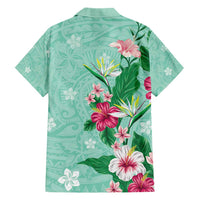 Hawaii Tropical Flowers Family Matching Short Sleeve Bodycon Dress and Hawaiian Shirt Polynesian Tattoo Mint Green LT05 - Polynesian Pride