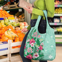 Hawaii Tropical Flowers Grocery Bag Polynesian Tattoo Mint Green