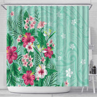Hawaii Tropical Flowers Shower Curtain Polynesian Tattoo Mint Green