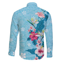 Hawaii Tropical Flowers Family Matching Short Sleeve Bodycon Dress and Hawaiian Shirt Polynesian Tattoo Sky Blue LT05 - Polynesian Pride