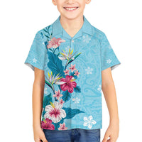 Hawaii Tropical Flowers Family Matching Short Sleeve Bodycon Dress and Hawaiian Shirt Polynesian Tattoo Sky Blue LT05 Son's Shirt Blue - Polynesian Pride