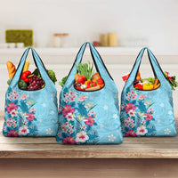 Hawaii Tropical Flowers Grocery Bag Polynesian Tattoo Sky Blue