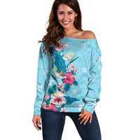 Hawaii Tropical Flowers Off Shoulder Sweater Polynesian Tattoo Sky Blue