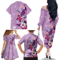 Hawaii Tropical Flowers Family Matching Off The Shoulder Long Sleeve Dress and Hawaiian Shirt Polynesian Tattoo Lavender