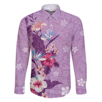 Hawaii Tropical Flowers Family Matching Puletasi and Hawaiian Shirt Polynesian Tattoo Lavender LT05 Dad's Shirt - Long Sleeve Lavender - Polynesian Pride