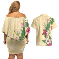 Hawaii Tropical Flowers Couples Matching Off Shoulder Short Dress and Hawaiian Shirt Polynesian Tattoo Buttermilk