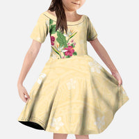 Hawaii Tropical Flowers Family Matching Puletasi and Hawaiian Shirt Polynesian Tattoo Buttermilk LT05 Daughter's Dress Beige - Polynesian Pride