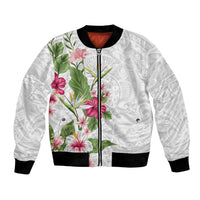 Hawaii Tropical Flowers Bomber Jacket Polynesian Tattoo White LT05 Unisex White - Polynesian Pride