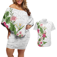 Hawaii Tropical Flowers Couples Matching Off Shoulder Short Dress and Hawaiian Shirt Polynesian Tattoo White
