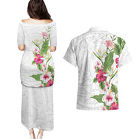 Hawaii Tropical Flowers Couples Matching Puletasi and Hawaiian Shirt Polynesian Tattoo White LT05 - Polynesian Pride