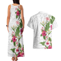 Hawaii Tropical Flowers Couples Matching Tank Maxi Dress and Hawaiian Shirt Polynesian Tattoo White