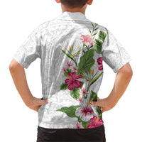 Hawaii Tropical Flowers Family Matching Short Sleeve Bodycon Dress and Hawaiian Shirt Polynesian Tattoo White LT05 - Polynesian Pride