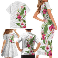 Hawaii Tropical Flowers Family Matching Short Sleeve Bodycon Dress and Hawaiian Shirt Polynesian Tattoo White LT05 - Polynesian Pride