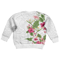 Hawaii Tropical Flowers Kid Ugly Christmas Sweater Polynesian Tattoo White